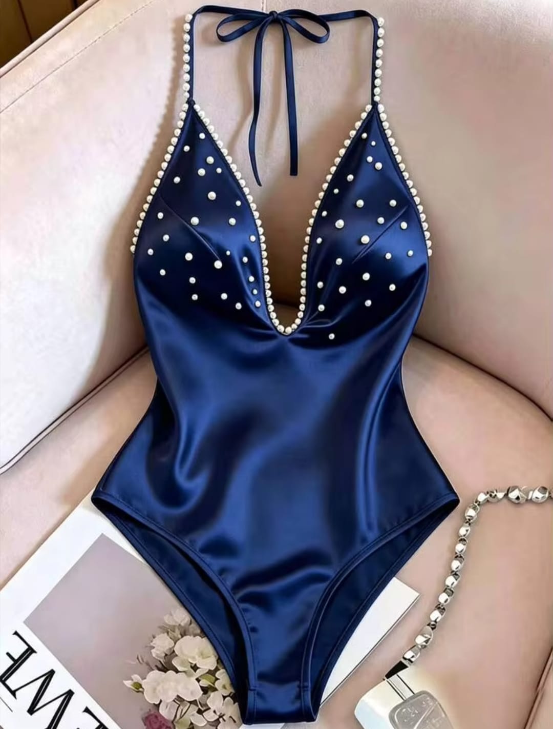 Elegant Navy Blue Faux Pearl Embellished Halter Neck Satin Bodysuit Swimsuit